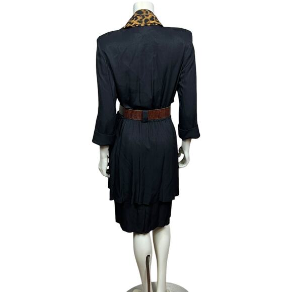 Vintage Studio I Navy Dress with Leopard Scarf & Brown Belt - 80s Size 10 - Picture 10 of 11